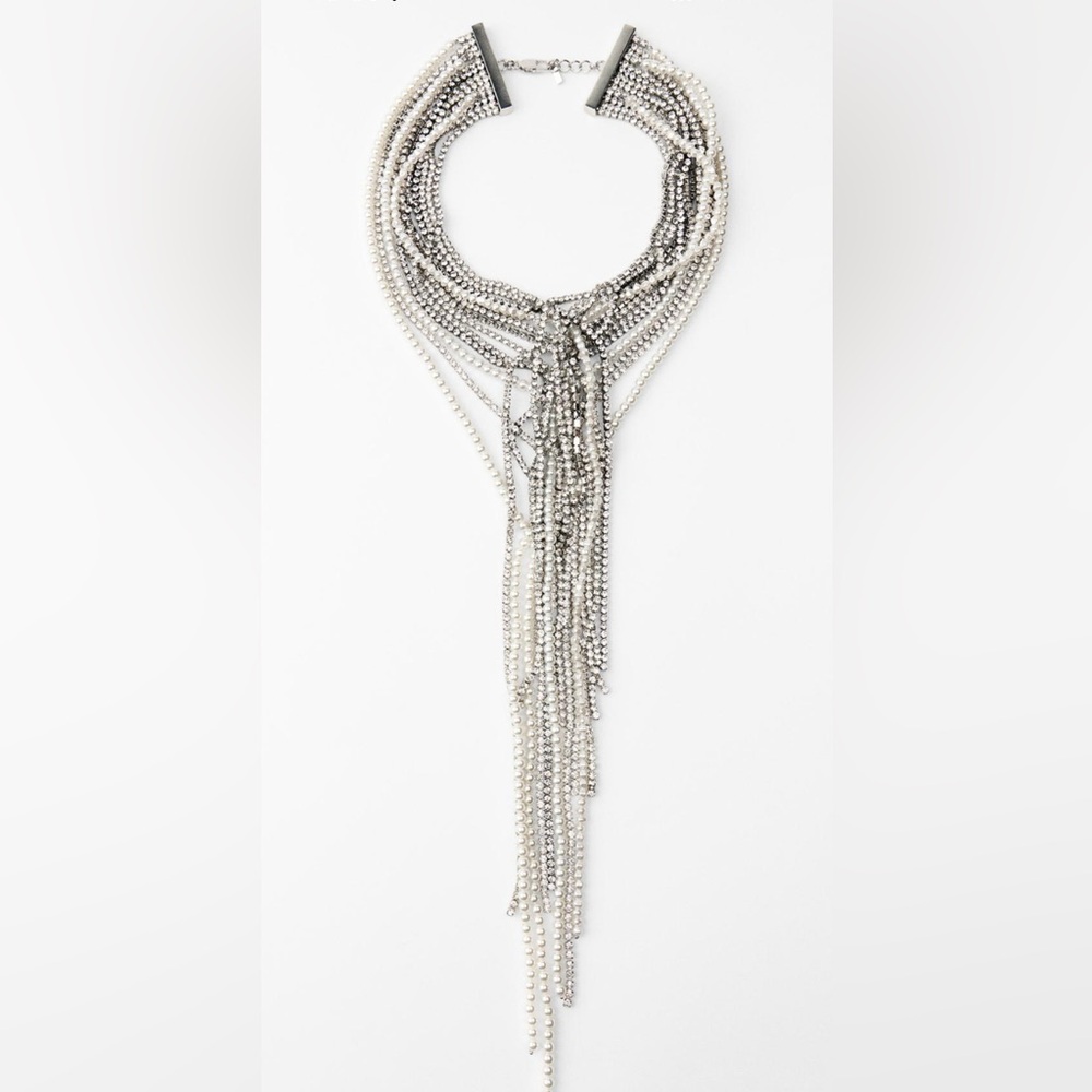 ZARA Pearl gem necklace rhinestone lobster clasp long statement piece GORGEOUS!